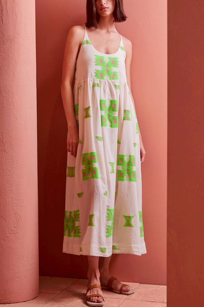 LONG STRAPPY DRESS "MARKELLA" OFFWHITE/GREEN/FUCHSIA