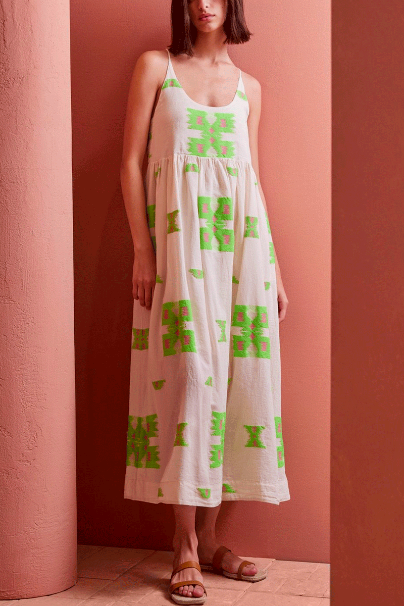 LONG STRAPPY DRESS "MARKELLA" OFFWHITE/GREEN/FUCHSIA