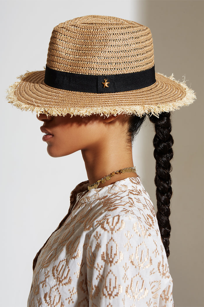 RAFFIA HAT "HELIOS" BEIGE WITH BLACK HAT BAND