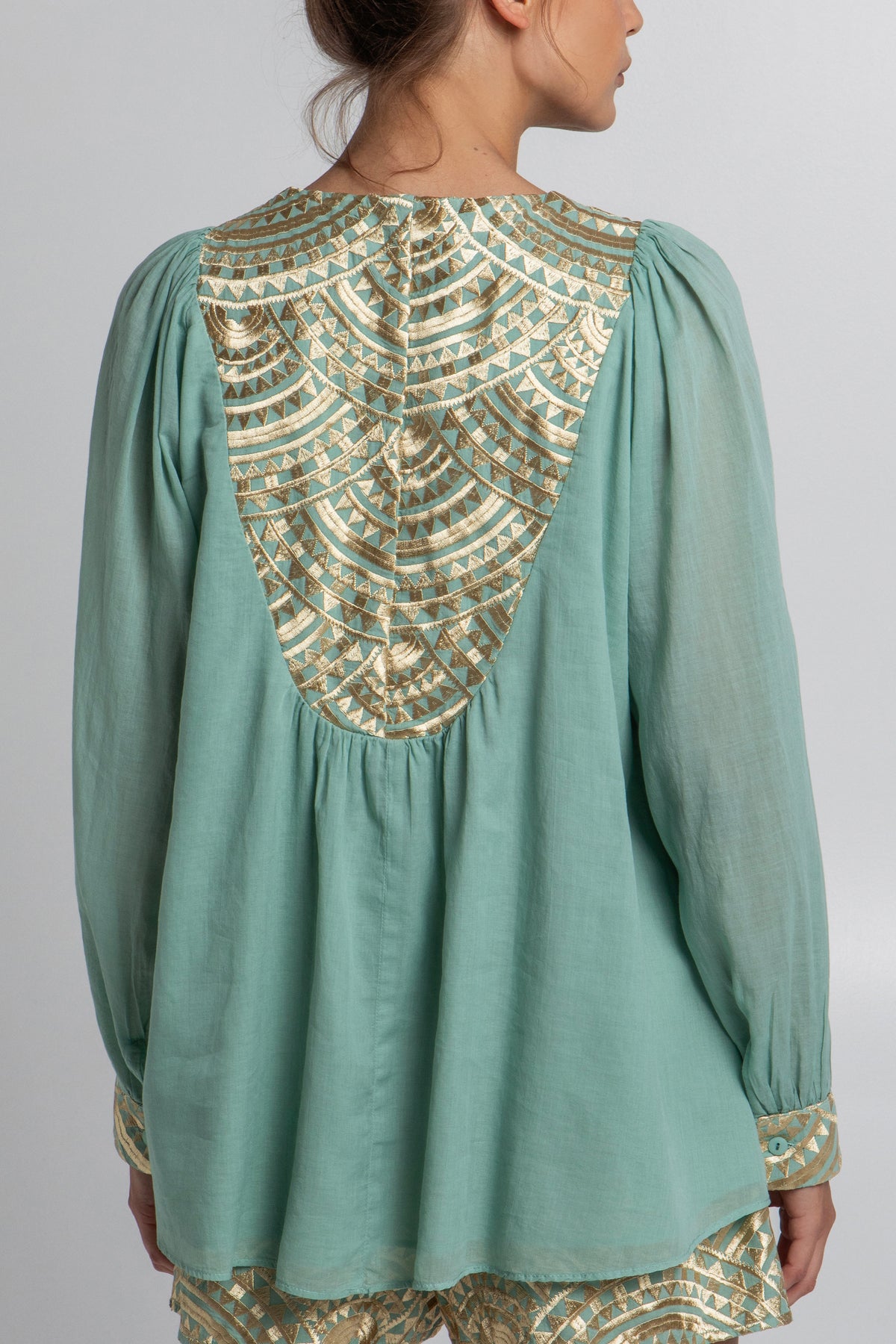 OVERSIZED COTTON BLOUSE "TRIANGLE" SEA GREEN/GOLD