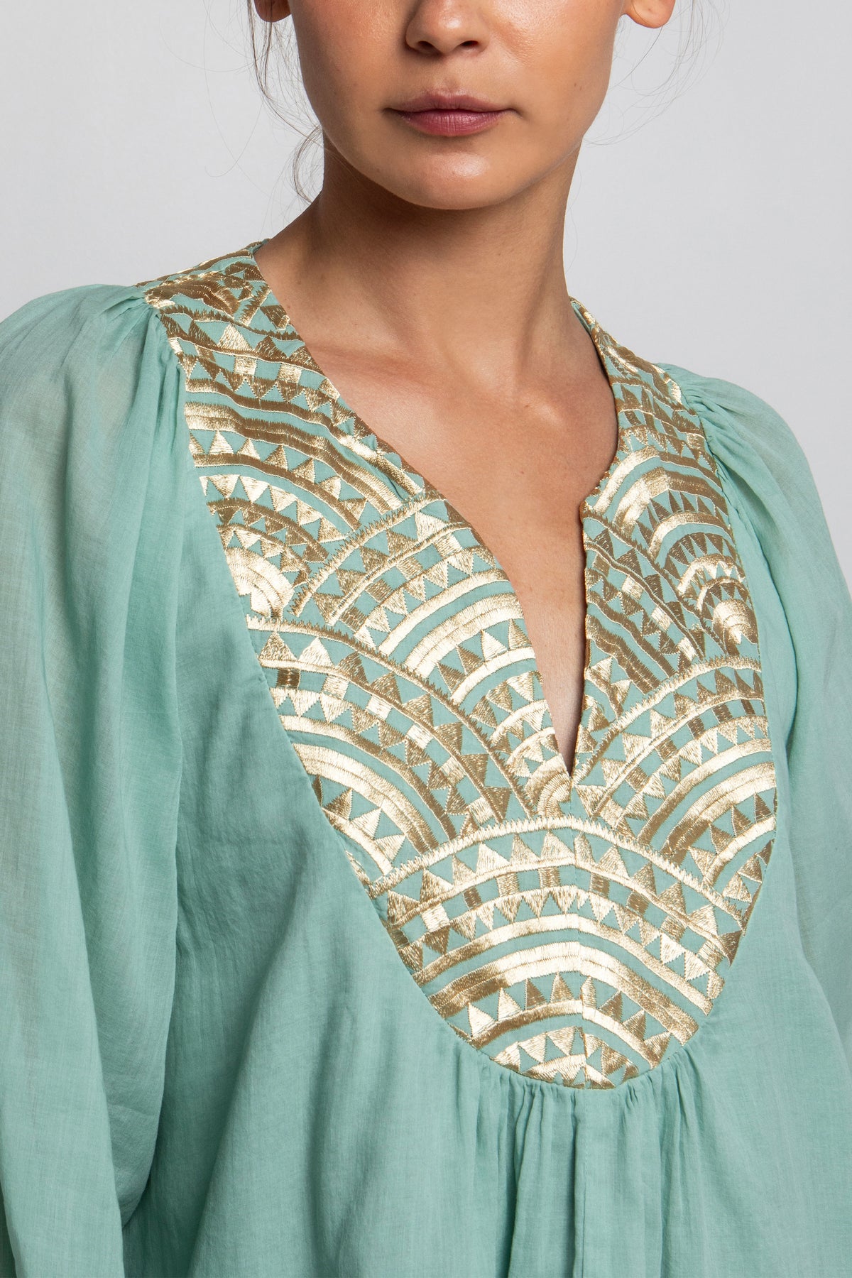 OVERSIZED COTTON BLOUSE "TRIANGLE" SEA GREEN/GOLD