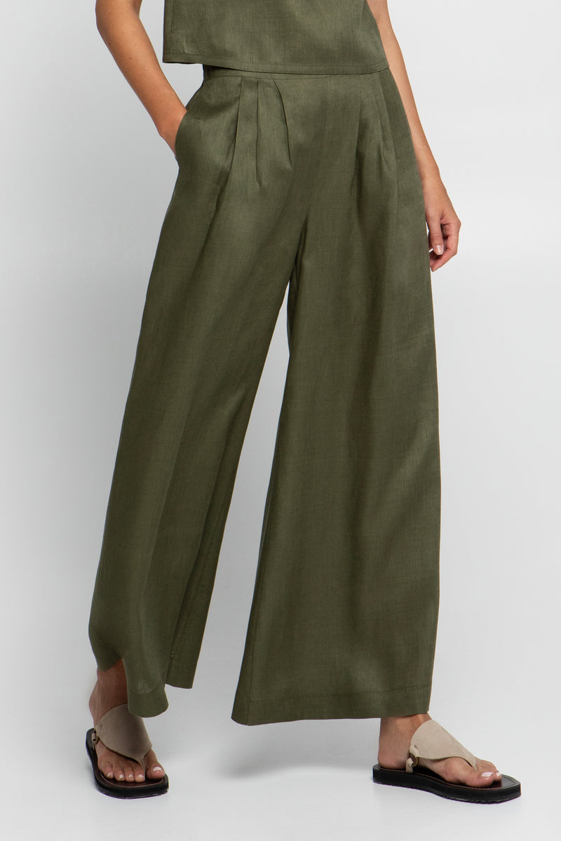 LONG WIDE LINEN PANTS "MINIMAL" KHAKI