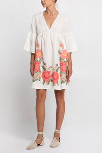 SHORT LINEN TUNIC DRESS "ROSE" WHITE/MULTICOLOR