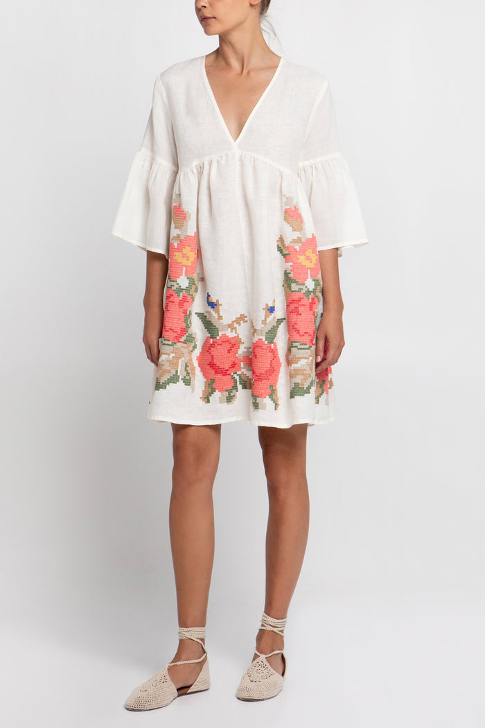 SHORT LINEN TUNIC DRESS "ROSE" WHITE/MULTICOLOR