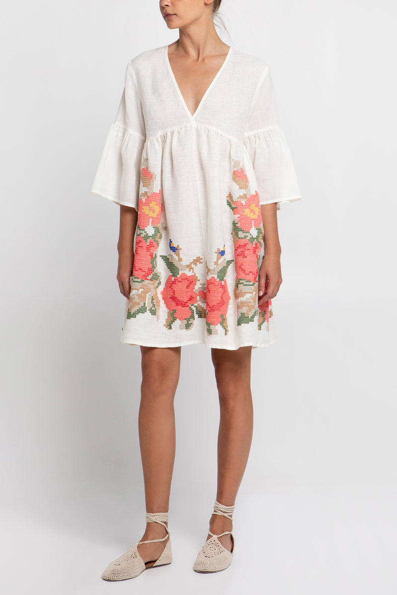 SHORT LINEN TUNIC DRESS "ROSE" WHITE/MULTICOLOR