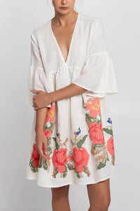 SHORT LINEN TUNIC DRESS "ROSE" WHITE/MULTICOLOR