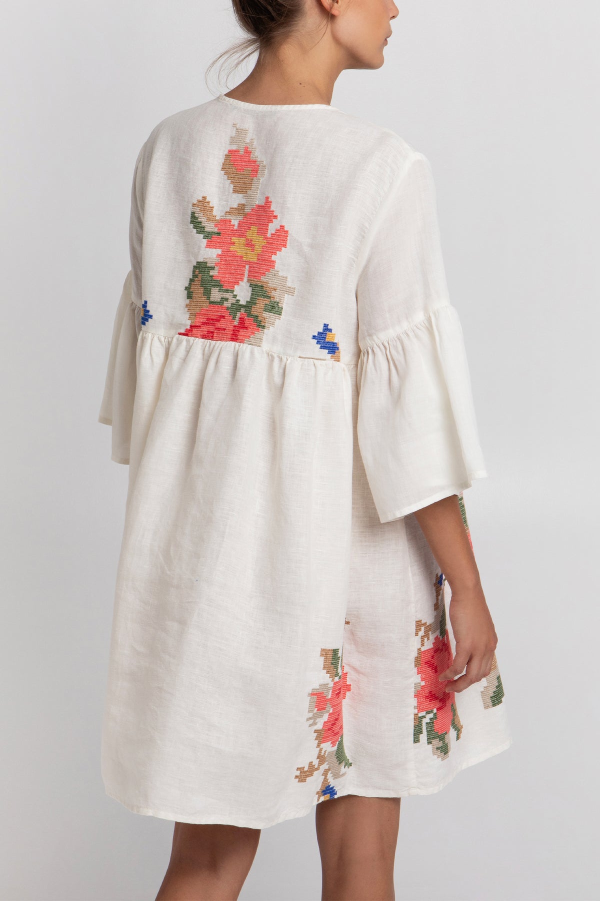 SHORT LINEN TUNIC DRESS "ROSE" WHITE/MULTICOLOR