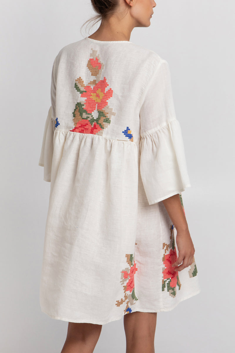 SHORT LINEN TUNIC DRESS "ROSE" WHITE/MULTICOLOR