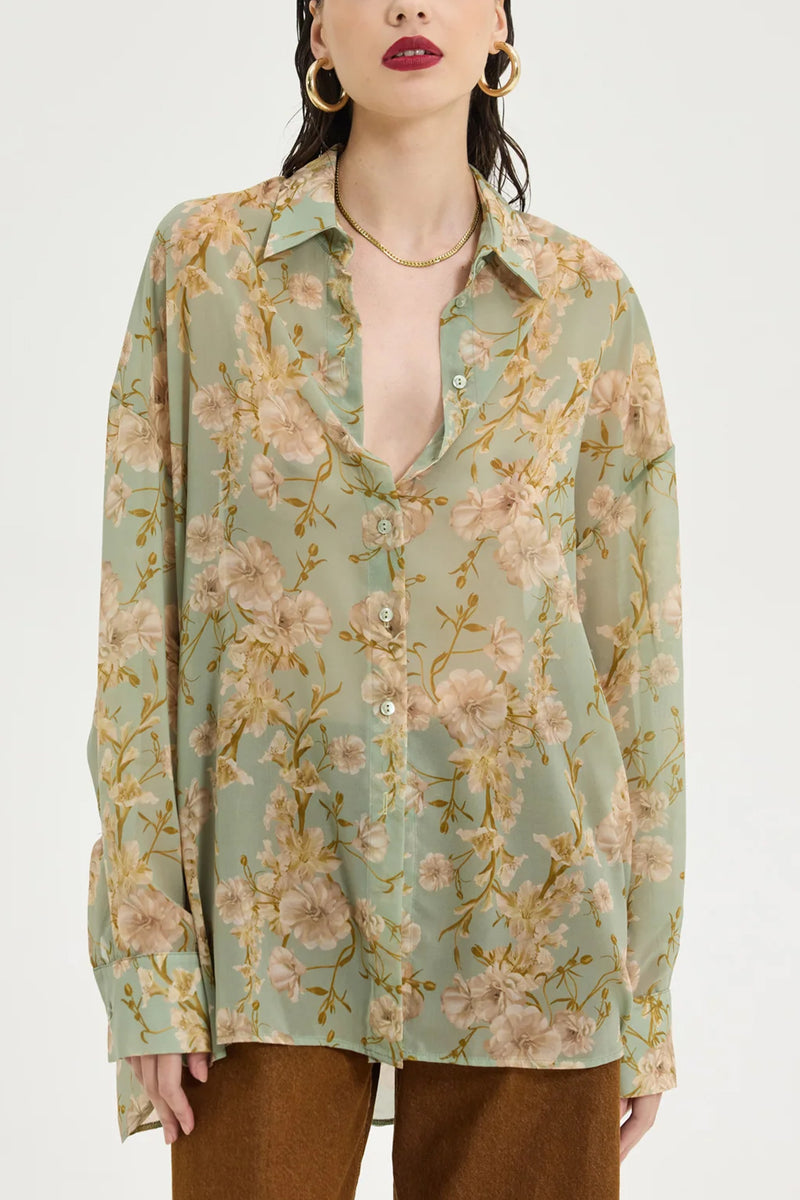 OVERSIZED CHIFFON BLOUSE "FLOWER DREAM" MINT/BEIGE