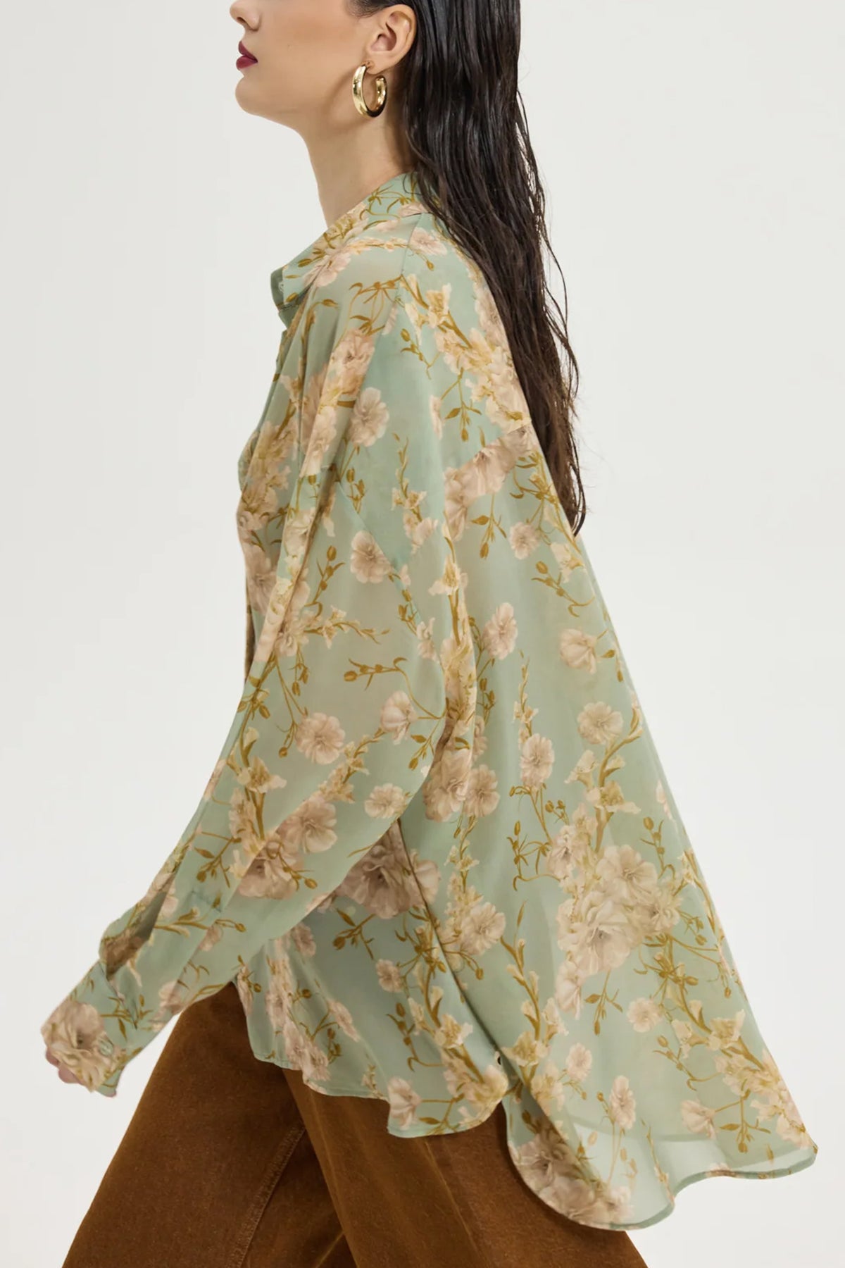 OVERSIZED CHIFFON BLOUSE "FLOWER DREAM" MINT/BEIGE