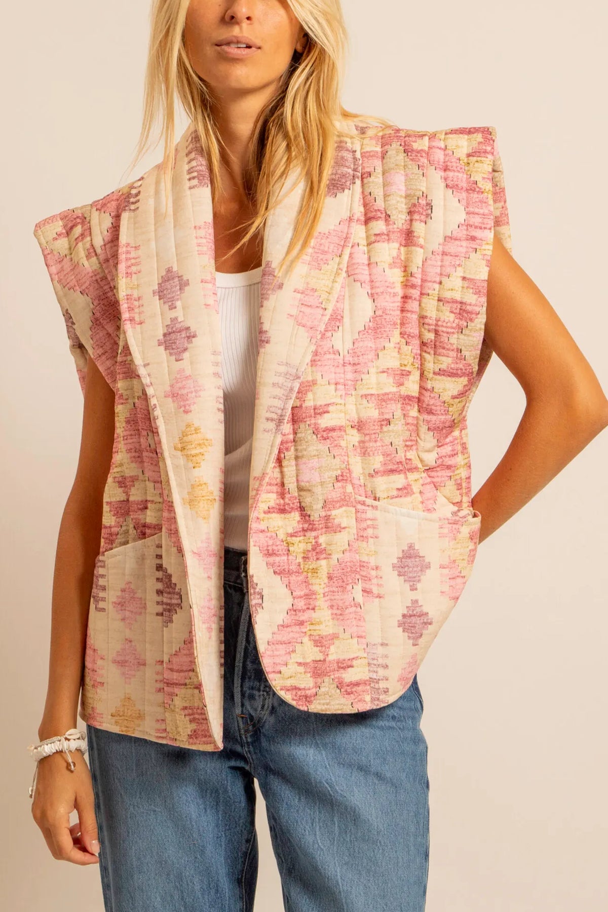 PADDED VISCOSE VEST "IKAT" ROSE