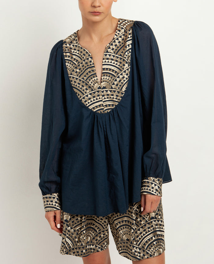 COTTON TUNIC BLOUSE "TRIANGLE" NAVY/GOLD