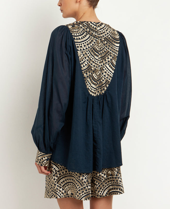 COTTON TUNIC BLOUSE "TRIANGLE" NAVY/GOLD