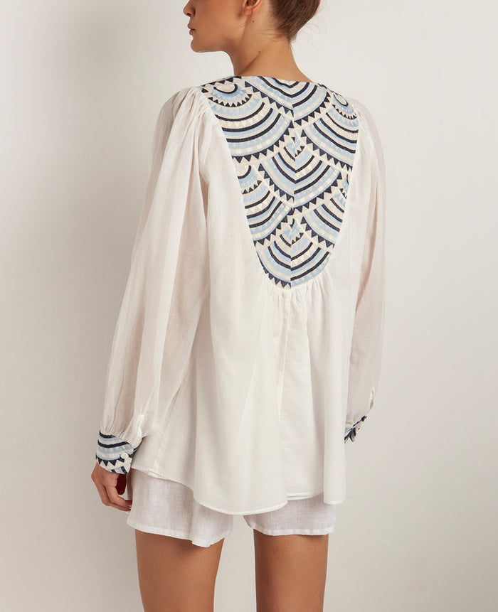 OVERSIZED COTTON BLOUSE "TRIANGLE" WHITE/CIEL