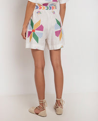 EMBROIDERED LINEN SHORTS "AEOLIS" - WHITE/MULTICOLOR