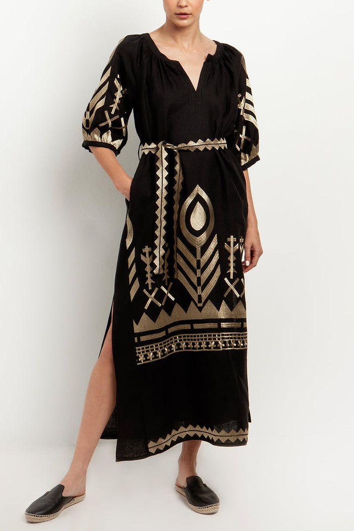 LONG LINEN KAFTAN DRESS "FEATHER" BLACK/GOLD