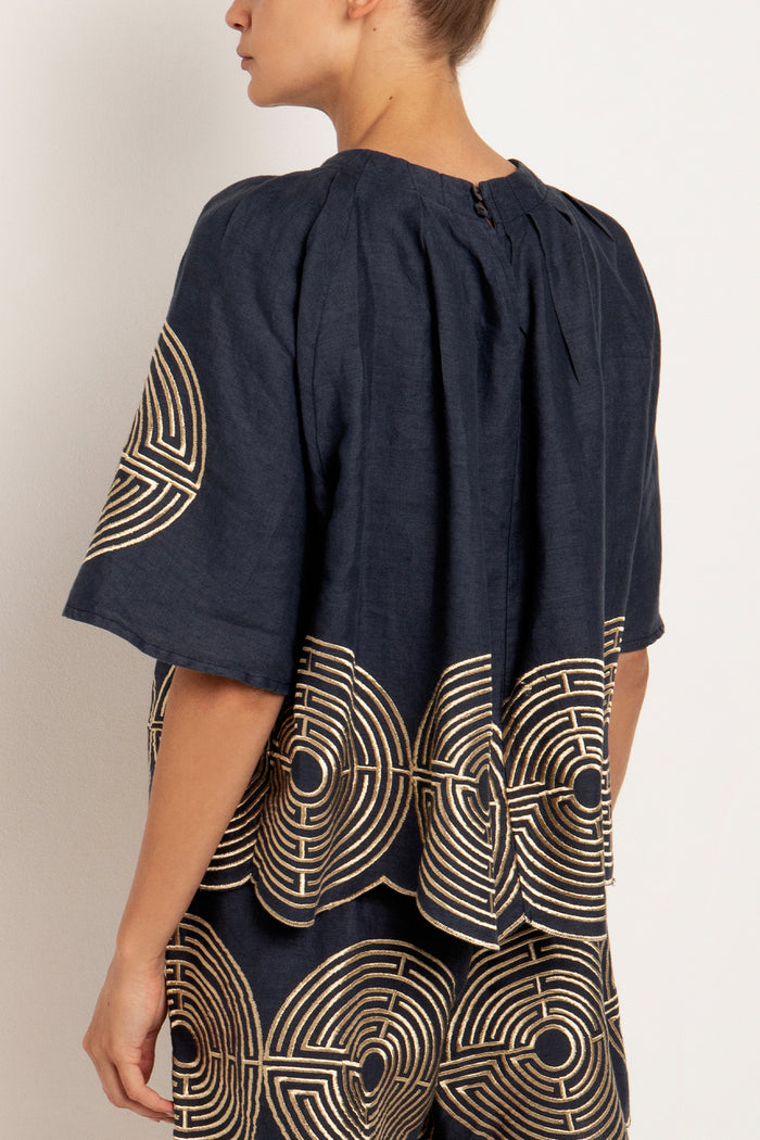 LINEN BLOUSE "LABYRINTH" NAVY BLUE/GOLD