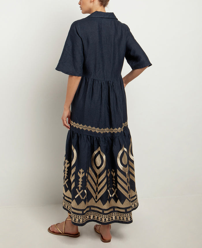 SHIRT LINEN DRESS "FEATHER" - NAVY/GOLD