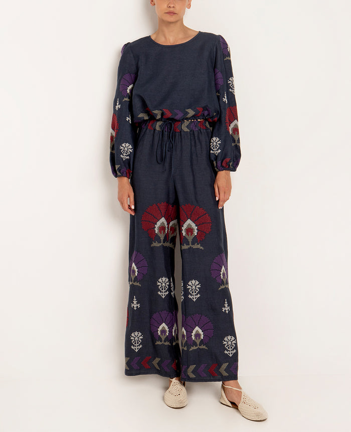 LINEN PANTS "MINI PEACOCKS" - NAVY/PURPLE