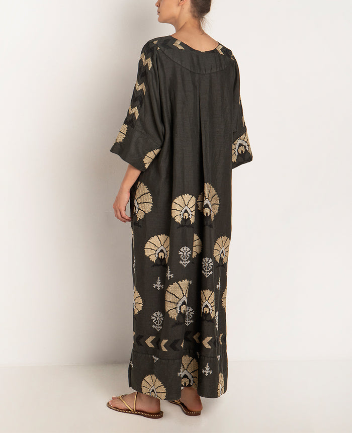 LONG KAFTAN DRESS "MINI PEACOCKS" - KHAKI/GOLD