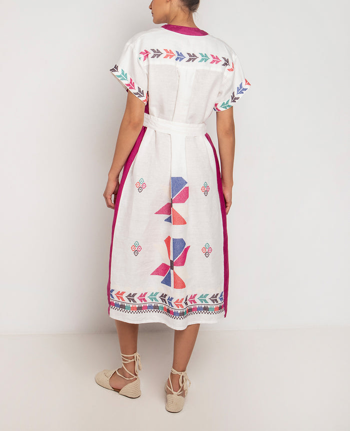 MIDI LINEN DRESS "AEOLIS" WHITE/MAGENTA/MULTICOLOR