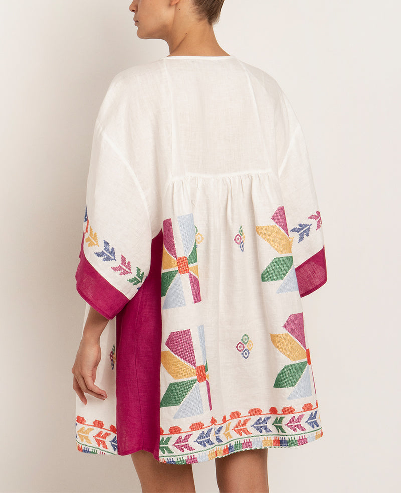 SHORT KAFTAN DRESS "AEOLIS" WHITE/MAGENTA/MULTICOLOR