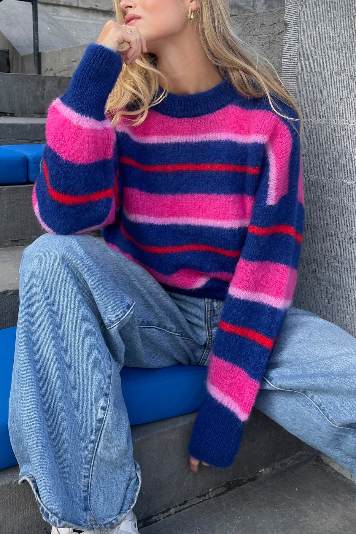 OVERSIZED MOHAIR PULLOVER STRIPES" BLUE/RED/PINK