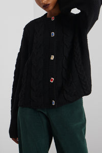 OVERSIZED KNIT CARDIGAN WITH JEWEL BUTTONS BLACK