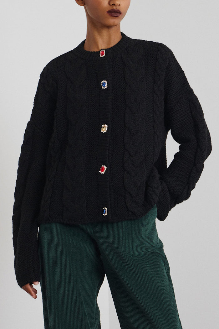 OVERSIZED KNIT CARDIGAN WITH JEWEL BUTTONS BLACK