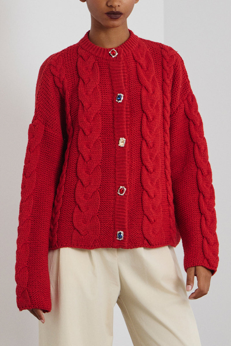 OVERSIZED KNIT CARDIGAN WITH JEWEL BUTTONS RED