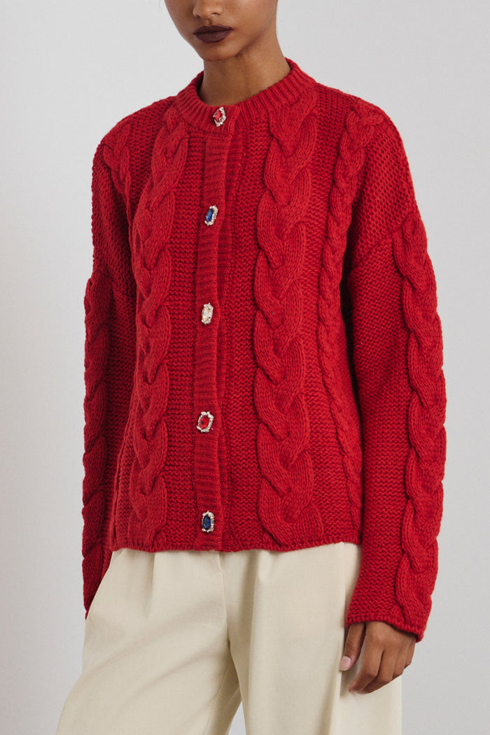 OVERSIZED KNIT CARDIGAN WITH JEWEL BUTTONS RED