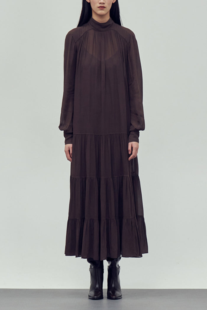 MIDI VISCOSE CHIFFON DRESS "SAFFON" BROWN