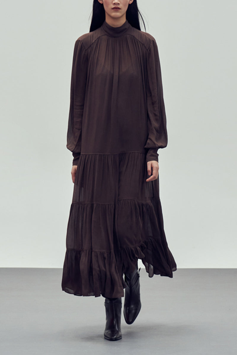 MIDI VISCOSE CHIFFON DRESS "SAFFON" BROWN
