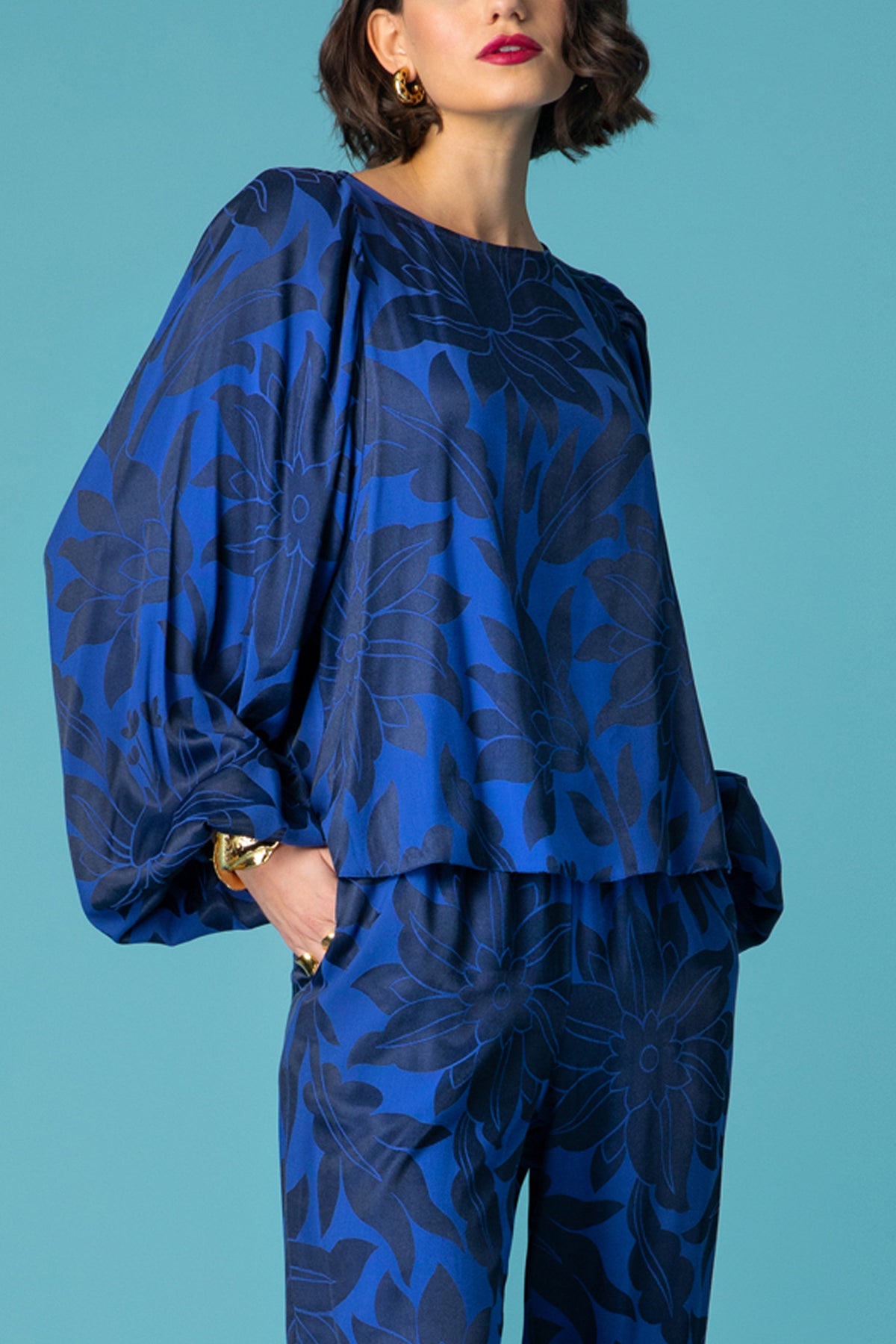 VISCOSE BLOUSE MIDNIGHT FLOWER "BLUE"