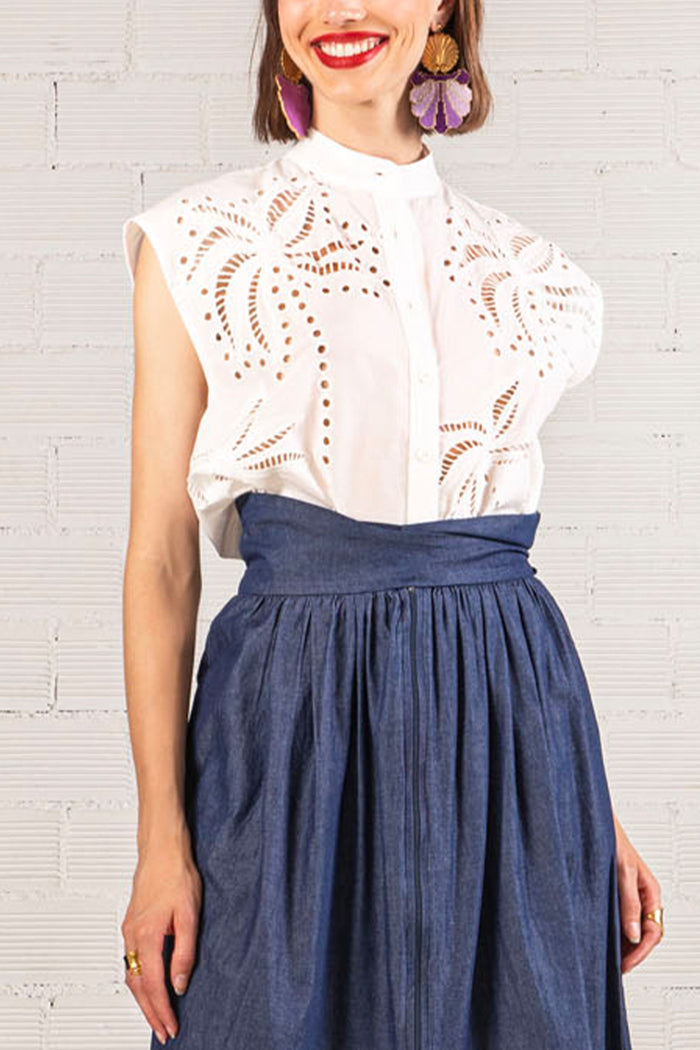 EMBROIDERED SLEEVELESS BLOUSE "PALM SPRINGS" WHITE