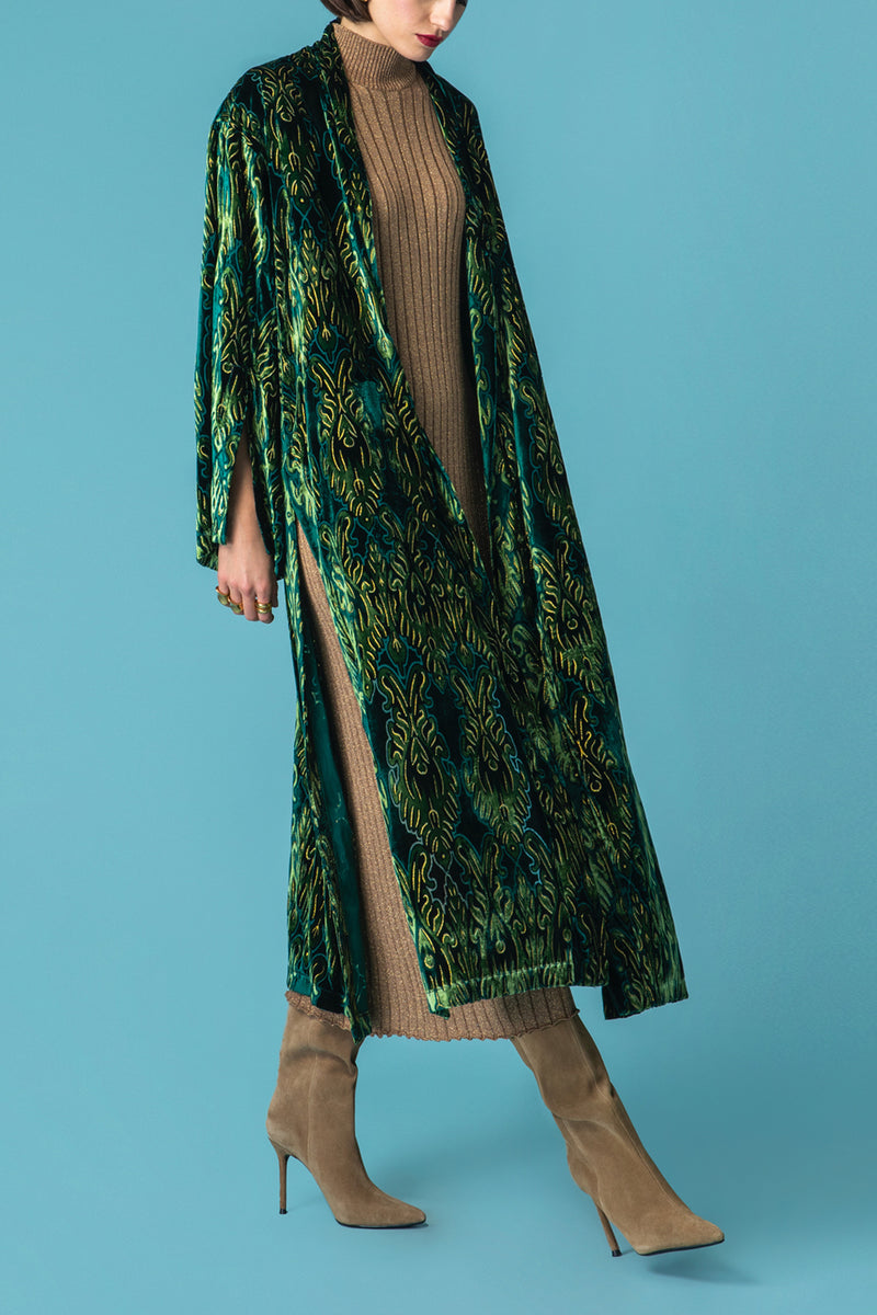 VELVET KIMONO WITH BELT "PEACOCK" GREEN