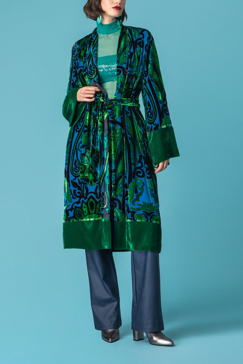 VELVET KIMONO WITH BELT "ACANTHUS" BLUE/GREEN