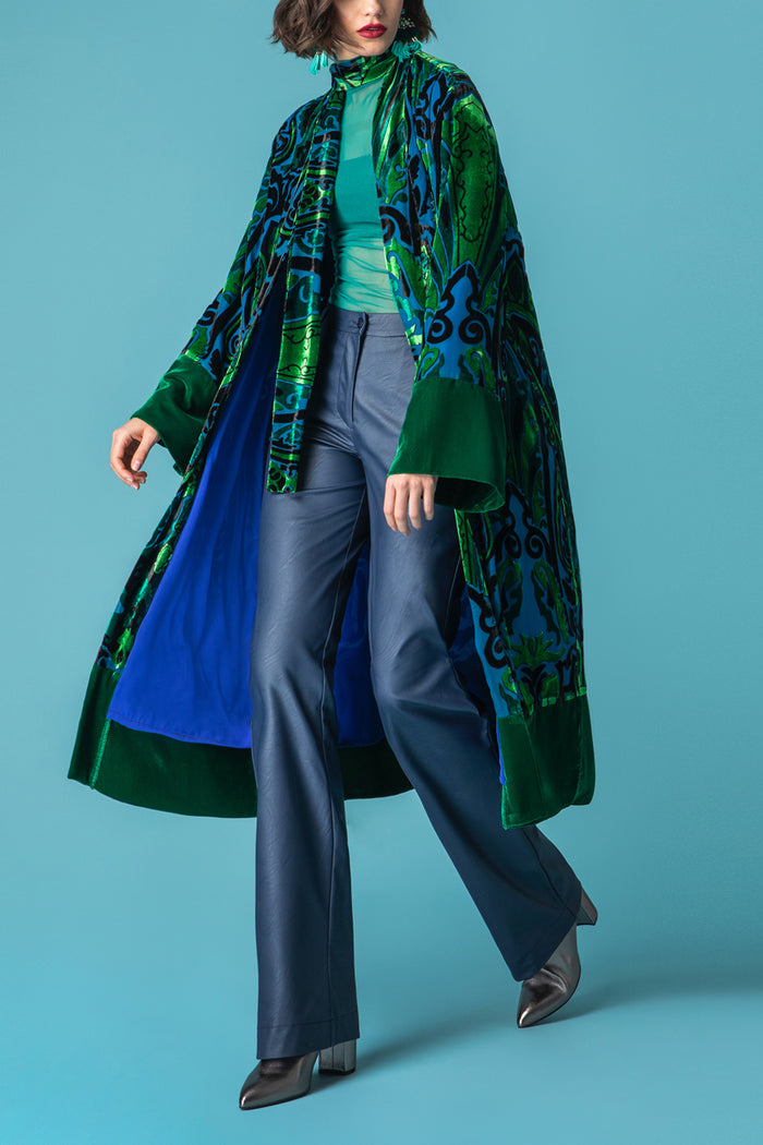 VELVET KIMONO WITH BELT "ACANTHUS" BLUE/GREEN