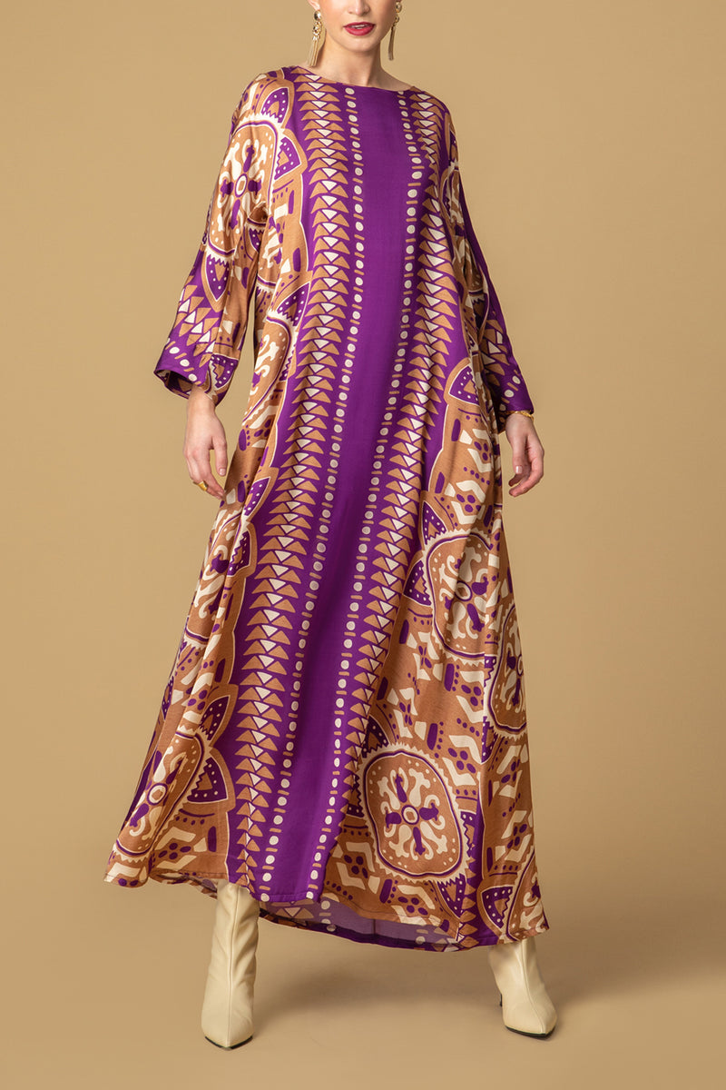 LONG OVERSIZED DRESS "DIANA" BROWN/MAGENTA