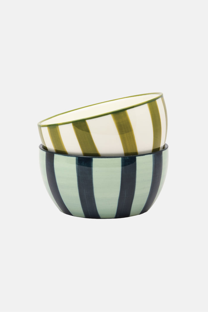 HAND PAINTED CERAMIC BOWL SET "STRIPE“ OLIVE/BLUE