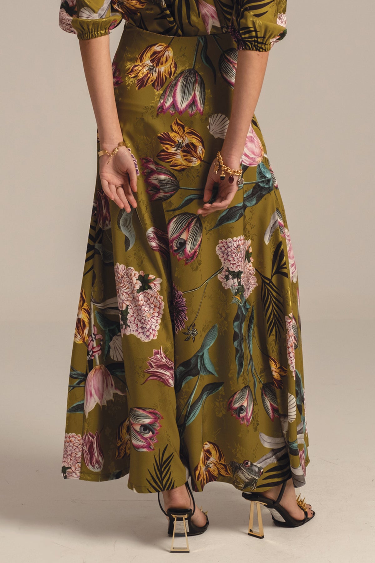 LONG SATIN JACQUARD SKIRT "DAHLIA" MULTICOLOR