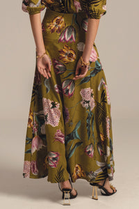 LONG SATIN JACQUARD SKIRT "DAHLIA" MULTICOLOR