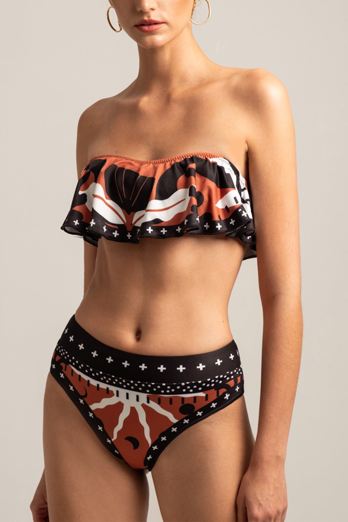 BIKINI WITH VOLANT AMBER BROWN BLACK WHITE