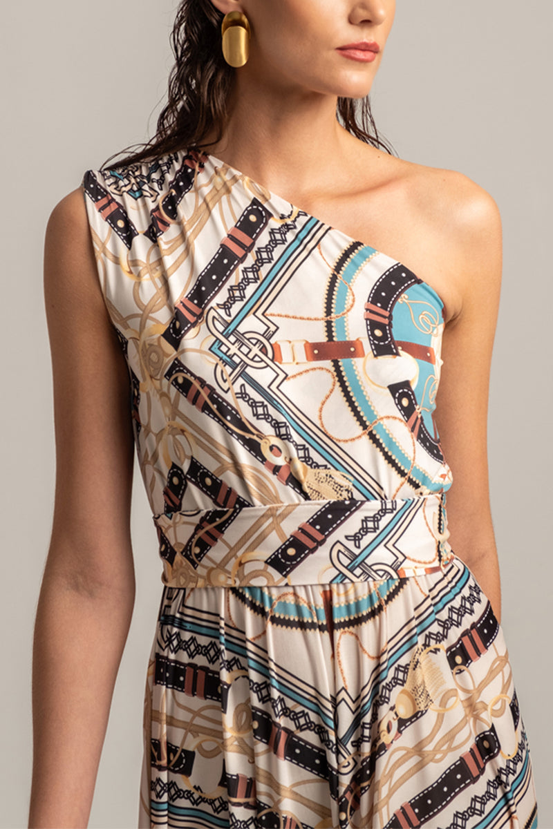 LONG ONE SHOULDER DRESS "ANTHROPOSOPHY" MULTICOLOR