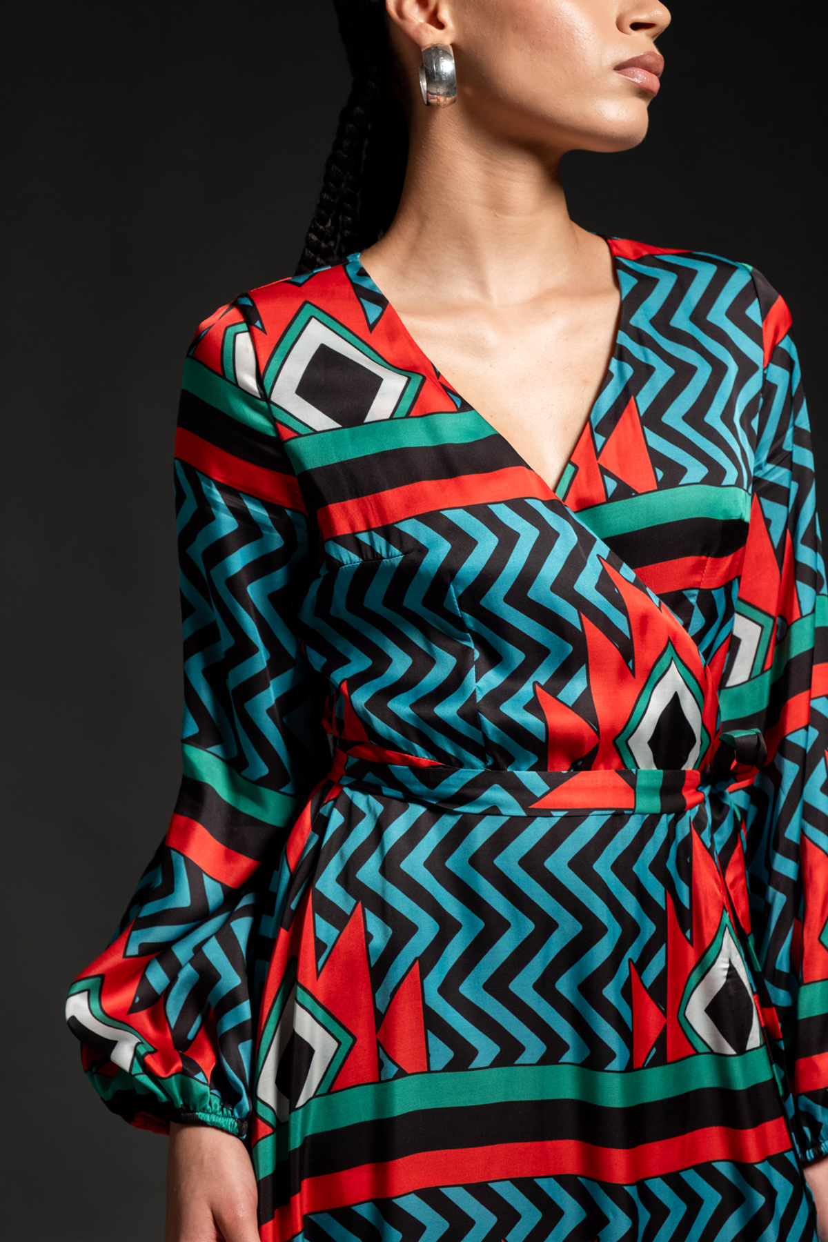 SATIN VISCOSE WRAP DRESS "CREST" MULTICOLOR