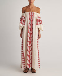 LONG OFF-SHOULDER DRESS "ATHINA" NATURAL/RED