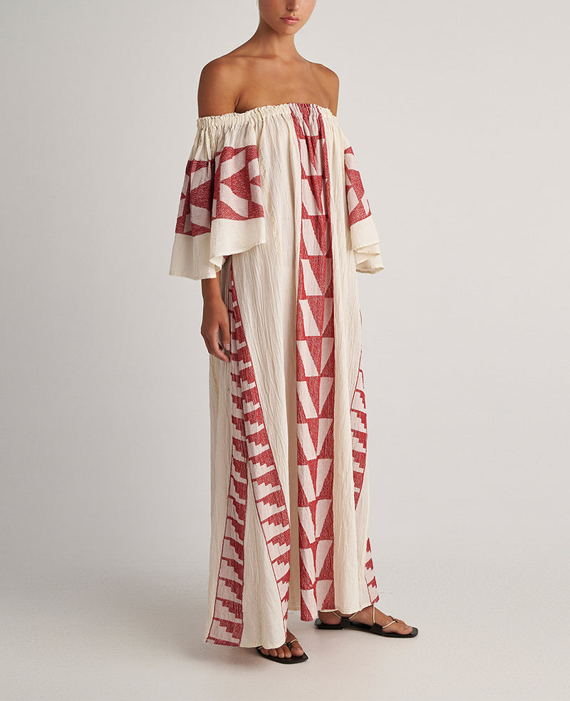 LONG OFF-SHOULDER DRESS "ATHINA" NATURAL/RED