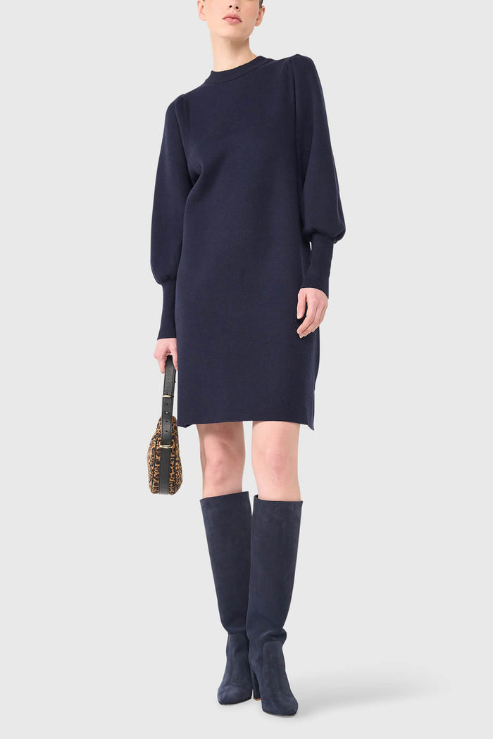 TAILORED SHORT VISCOSE KNIT DRESS DARK BLUE
