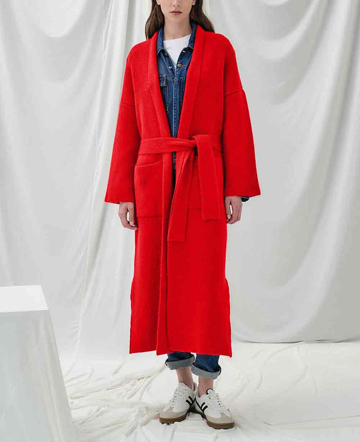 OVERSIZED KNIT-COAT WITH BELT RED