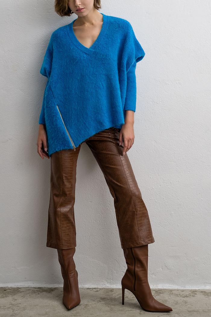 RELAXED SWEATER V-NECK "ZIPPER" BLUE